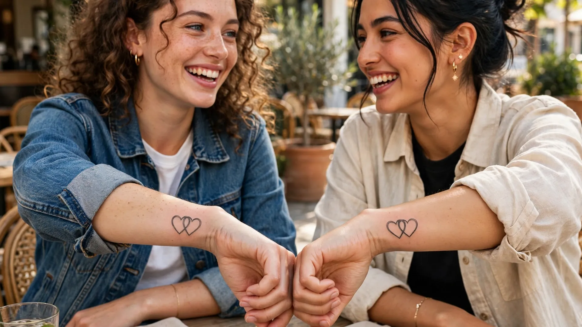 Two best friends showing matching best friend tattoos of interlocking hearts on their wrists