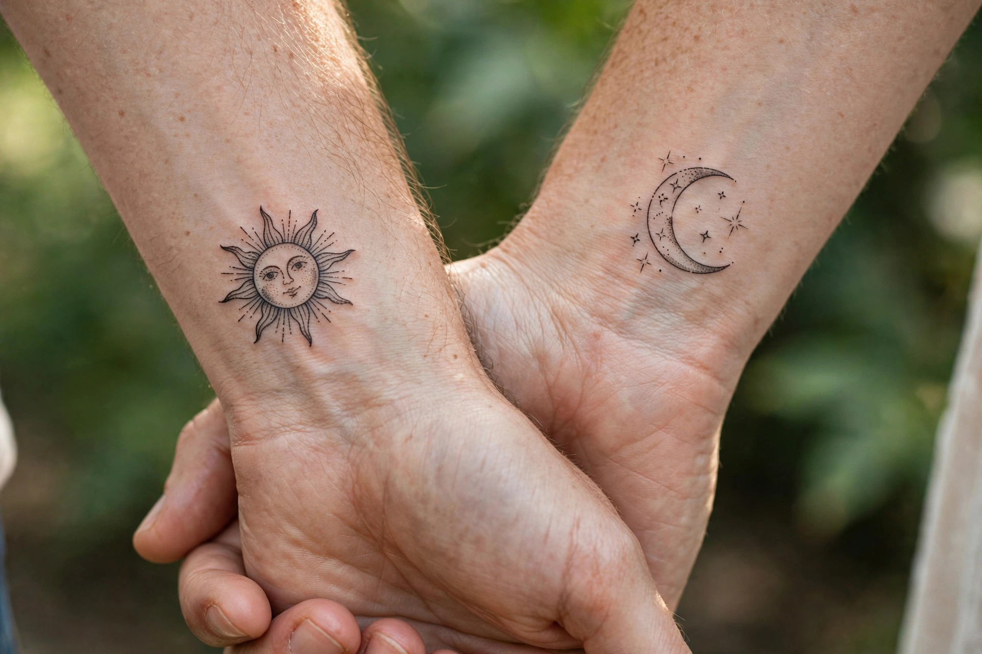 Close-up of matching best friend tattoos of a sun and moon on two wrists