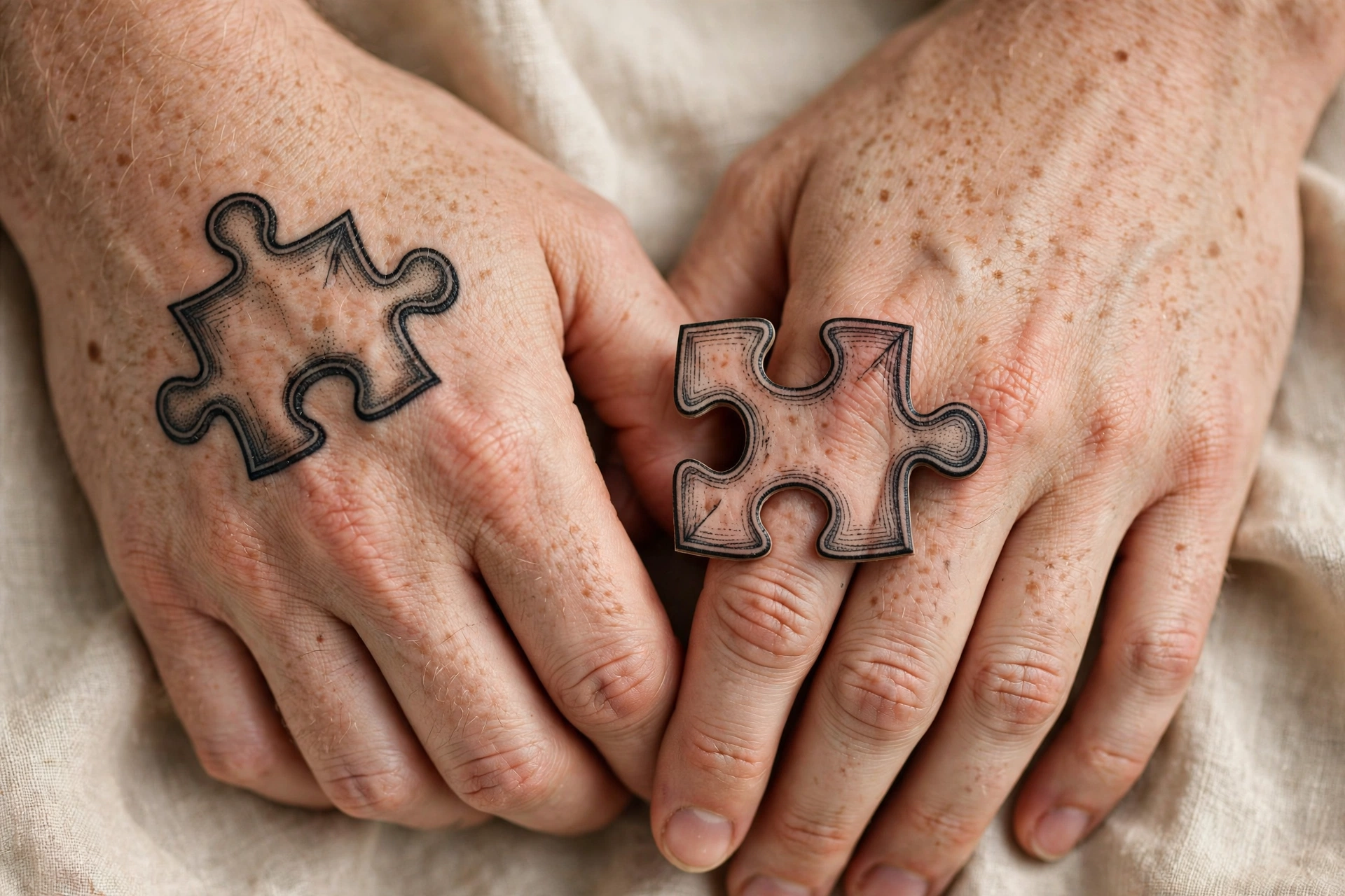 Split puzzle-piece best friend tattoos on two hands fitting together perfectly