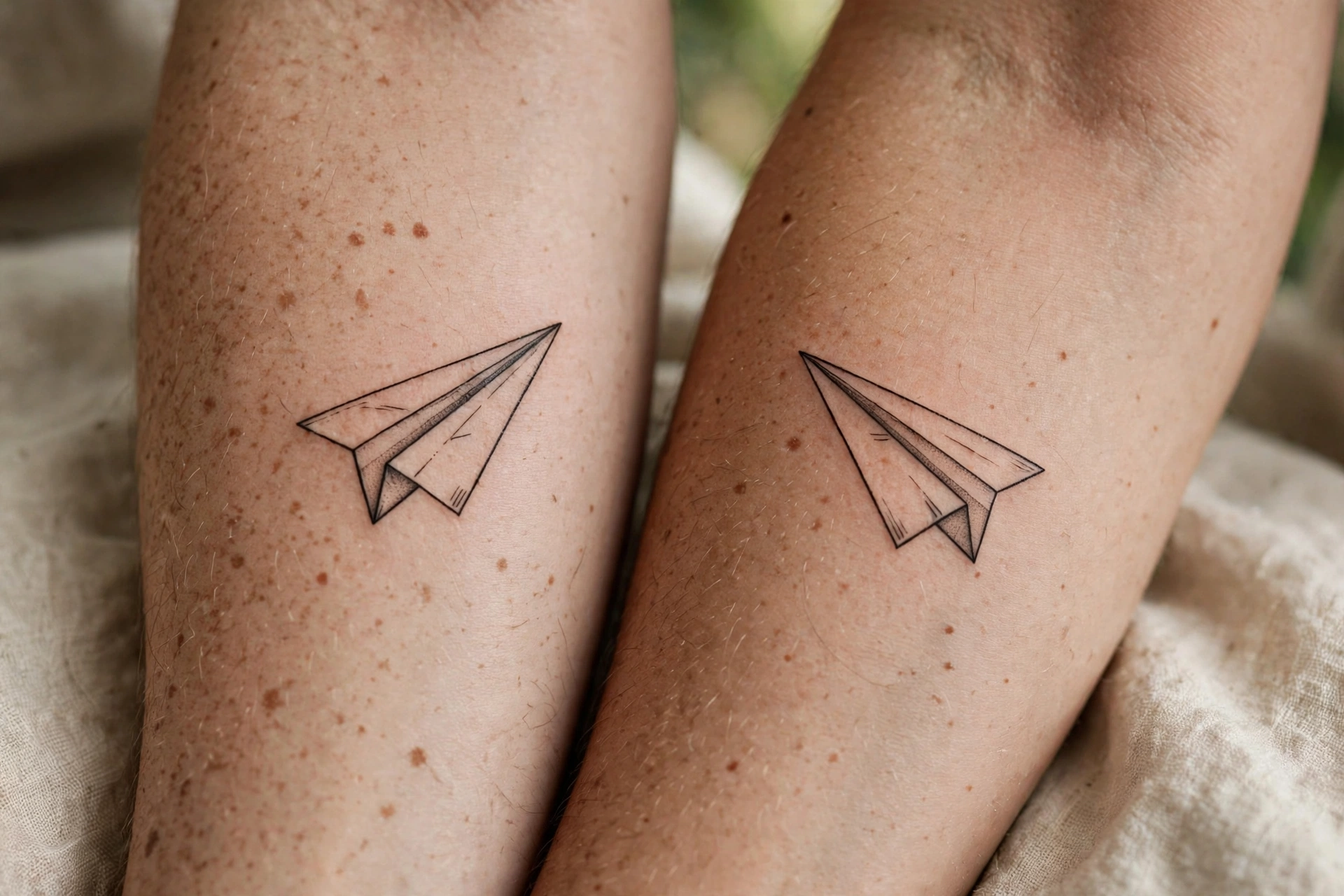 Symbolic best friend tattoos of two paper planes flying together on forearms