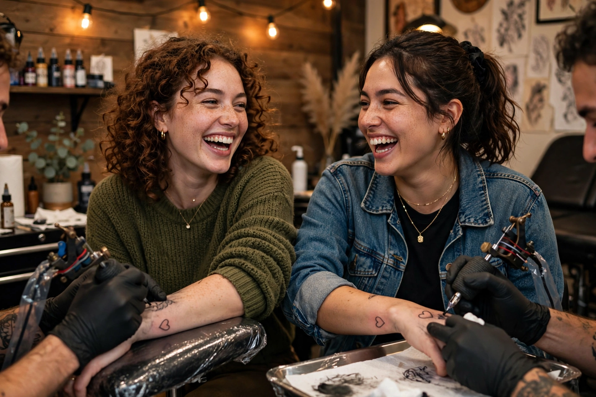 Two laughing best friends in a tattoo studio getting friendship ink together