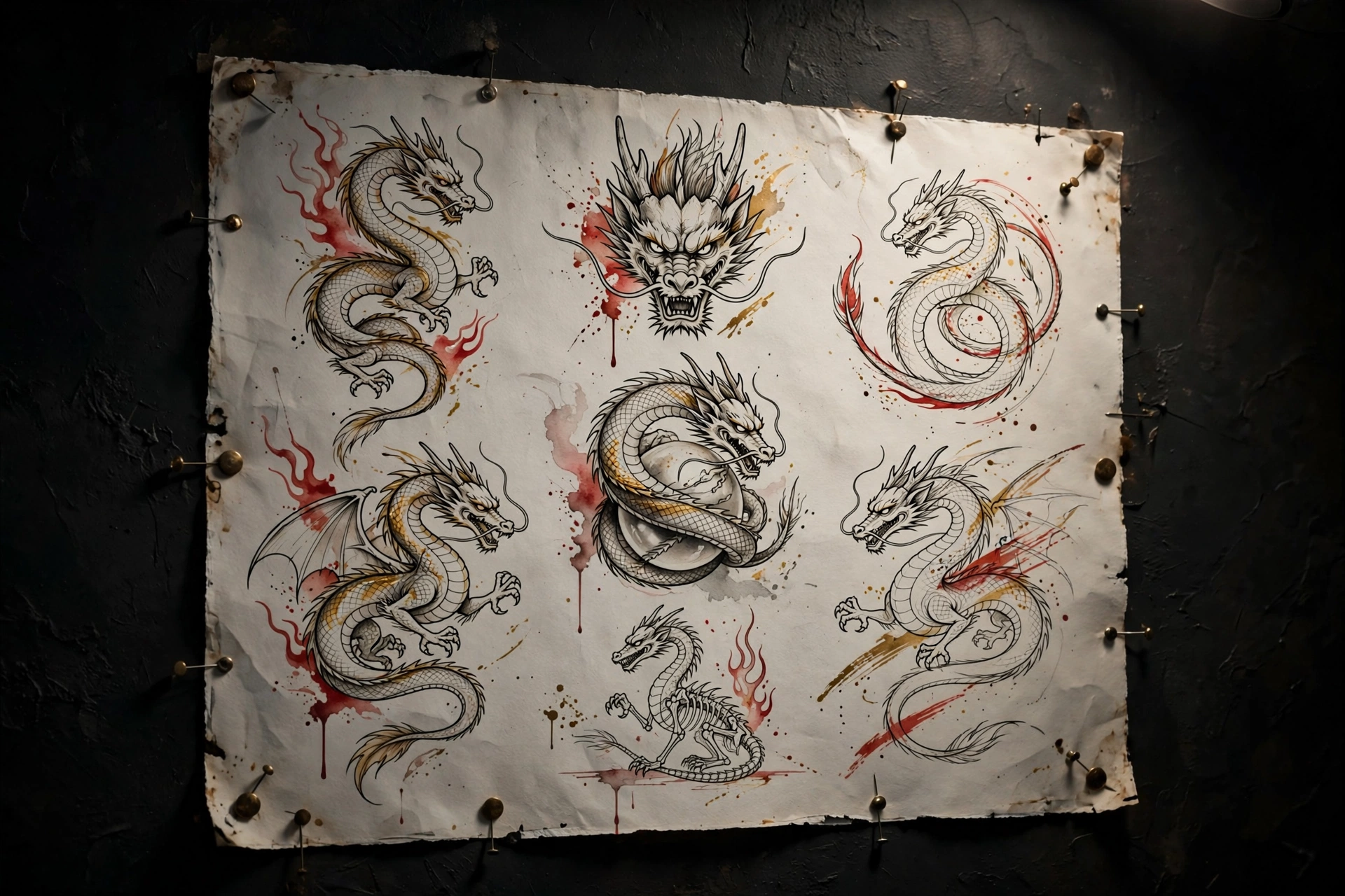 Dragon tattoo flash art sheet with hand-drawn dragon designs
