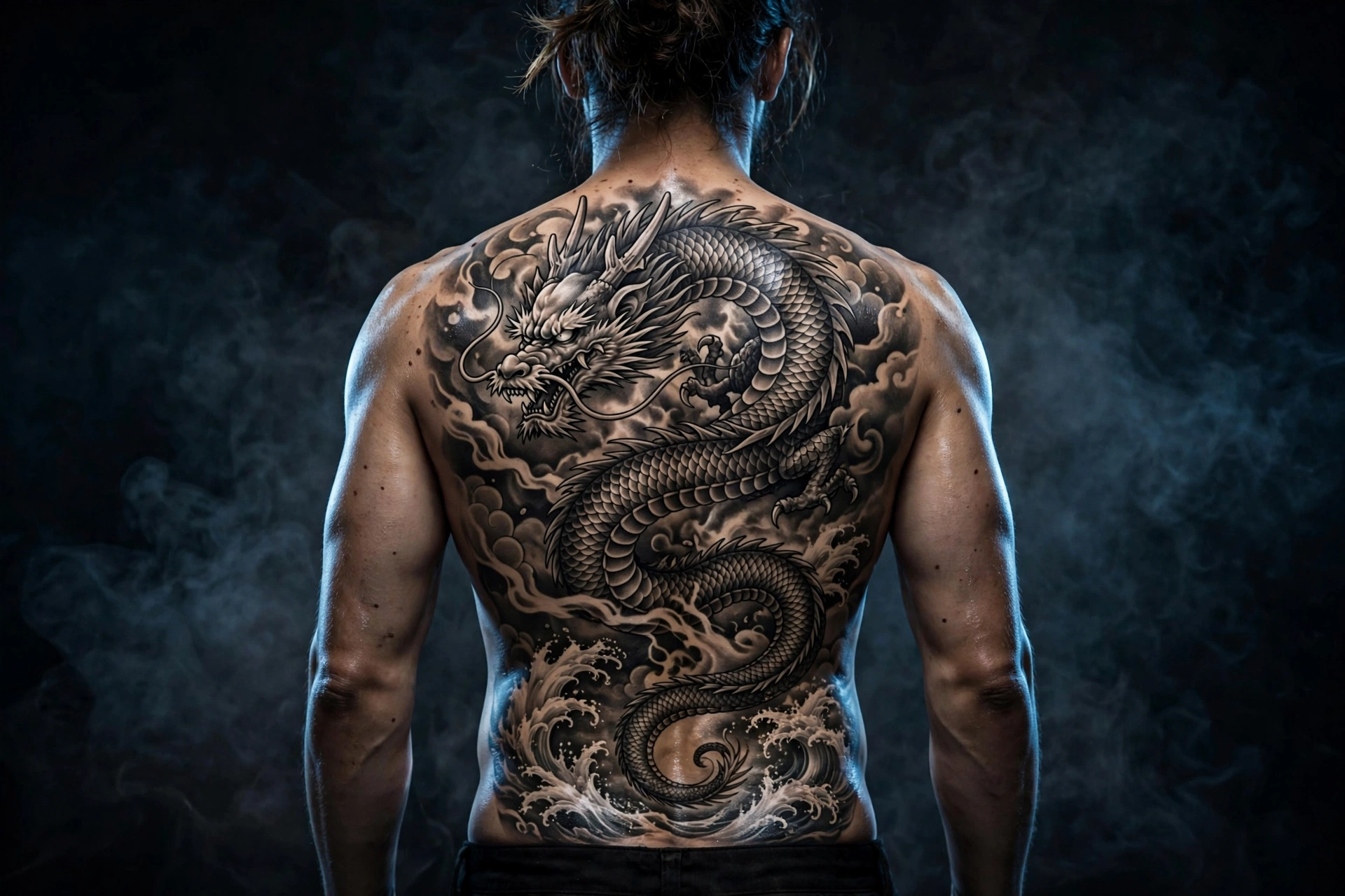 Full back dragon tattoo piece in black and grey on a man's back
