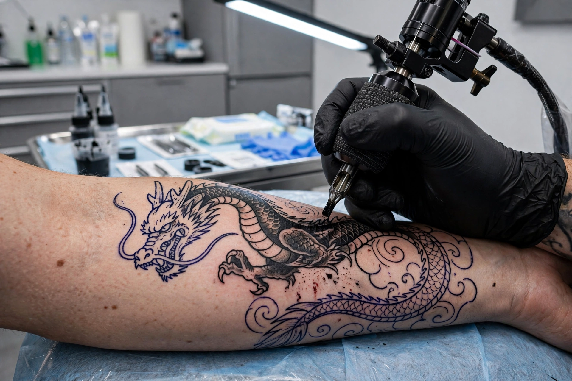 Tattoo artist working on a dragon tattoo with a tattoo machine in a studio