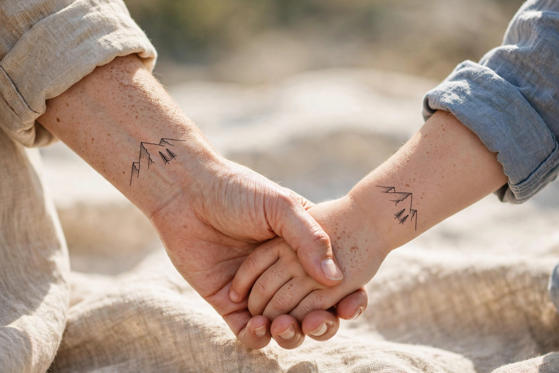 Matching family tattoos on a parent and child's arms side by side