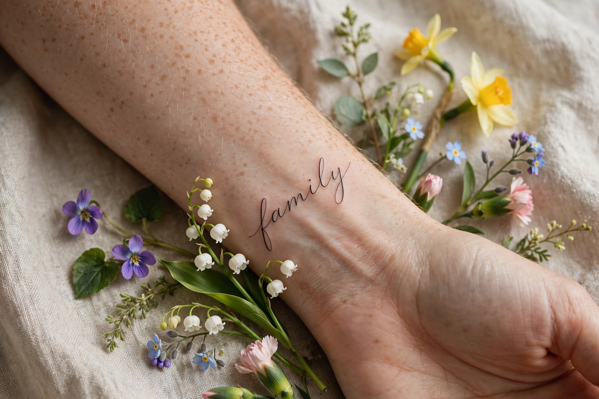 Delicate family script tattoo with birth flowers on a wrist