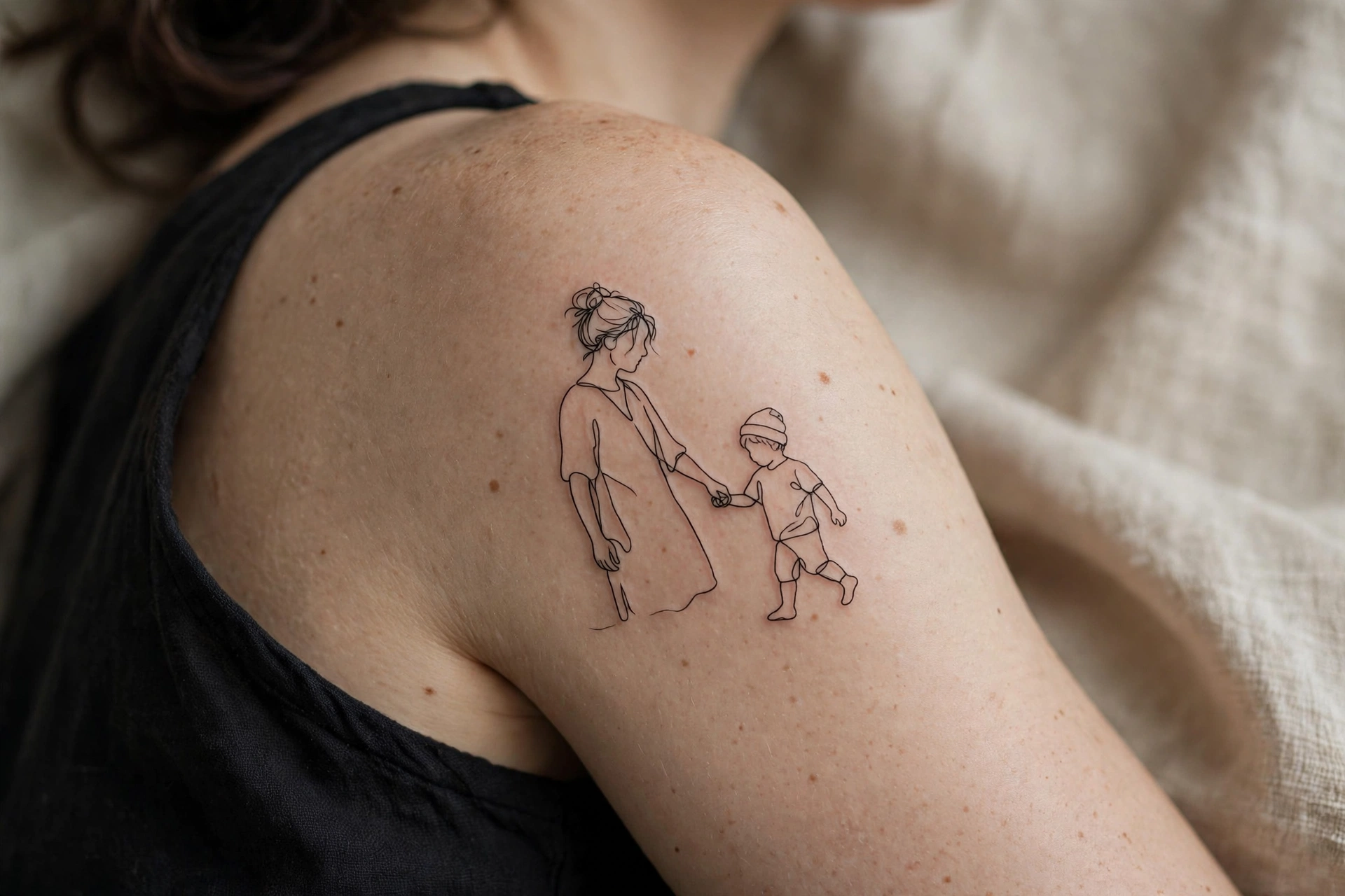 Minimalist line-art family portrait tattoo on a shoulder