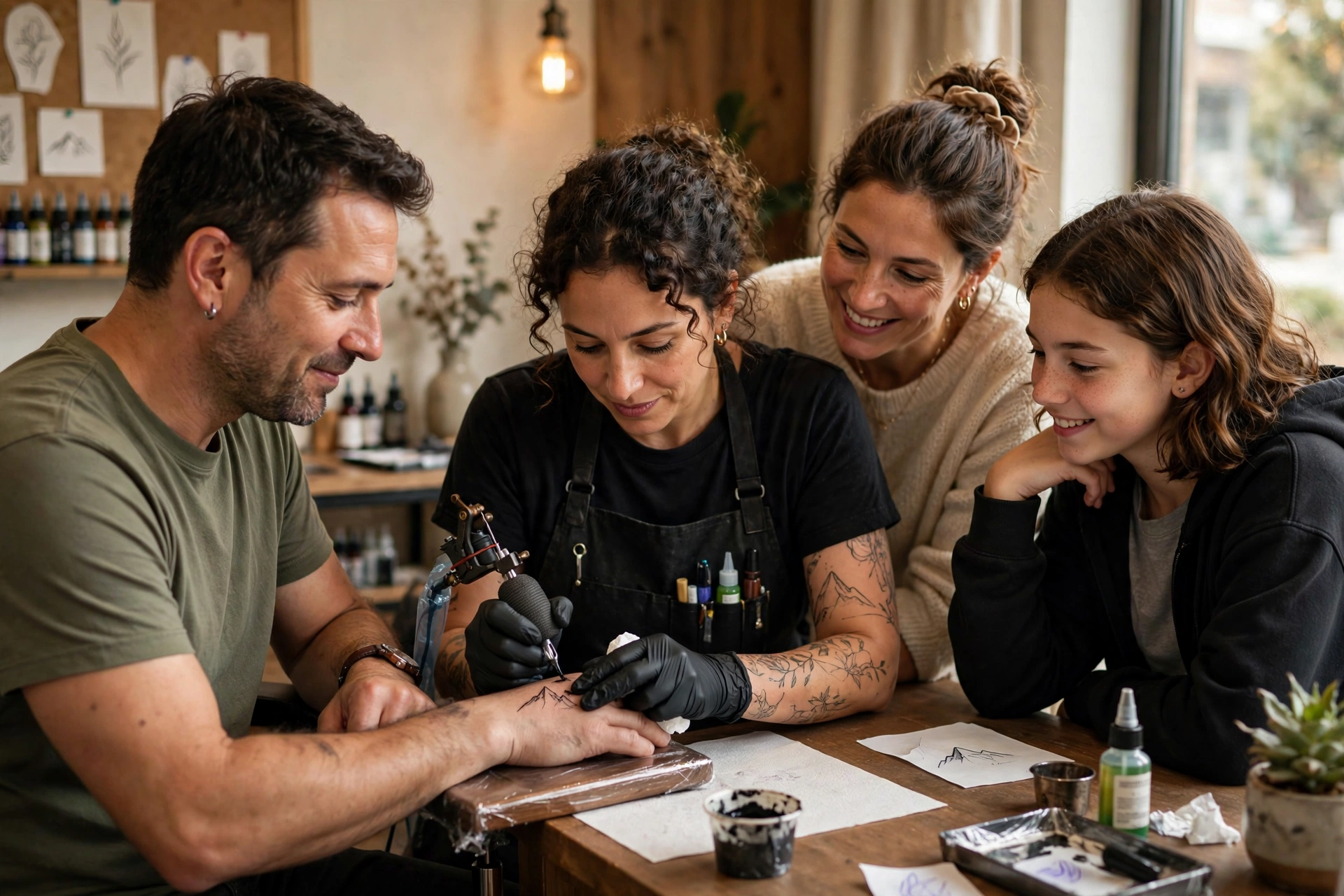 Family getting matching small tattoos together at a tattoo studio