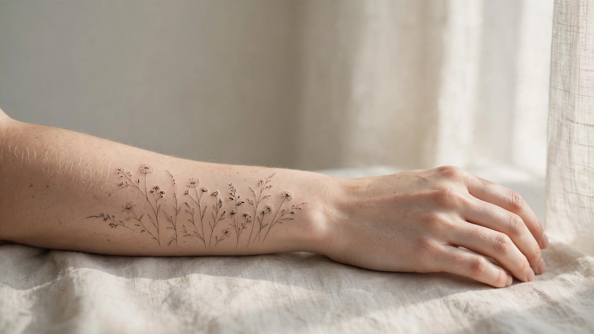 Elegant woman's forearm with a delicate fine-line botanical tattoo of thin wildflowers, photographed in soft natural window light in a bright editorial magazine style