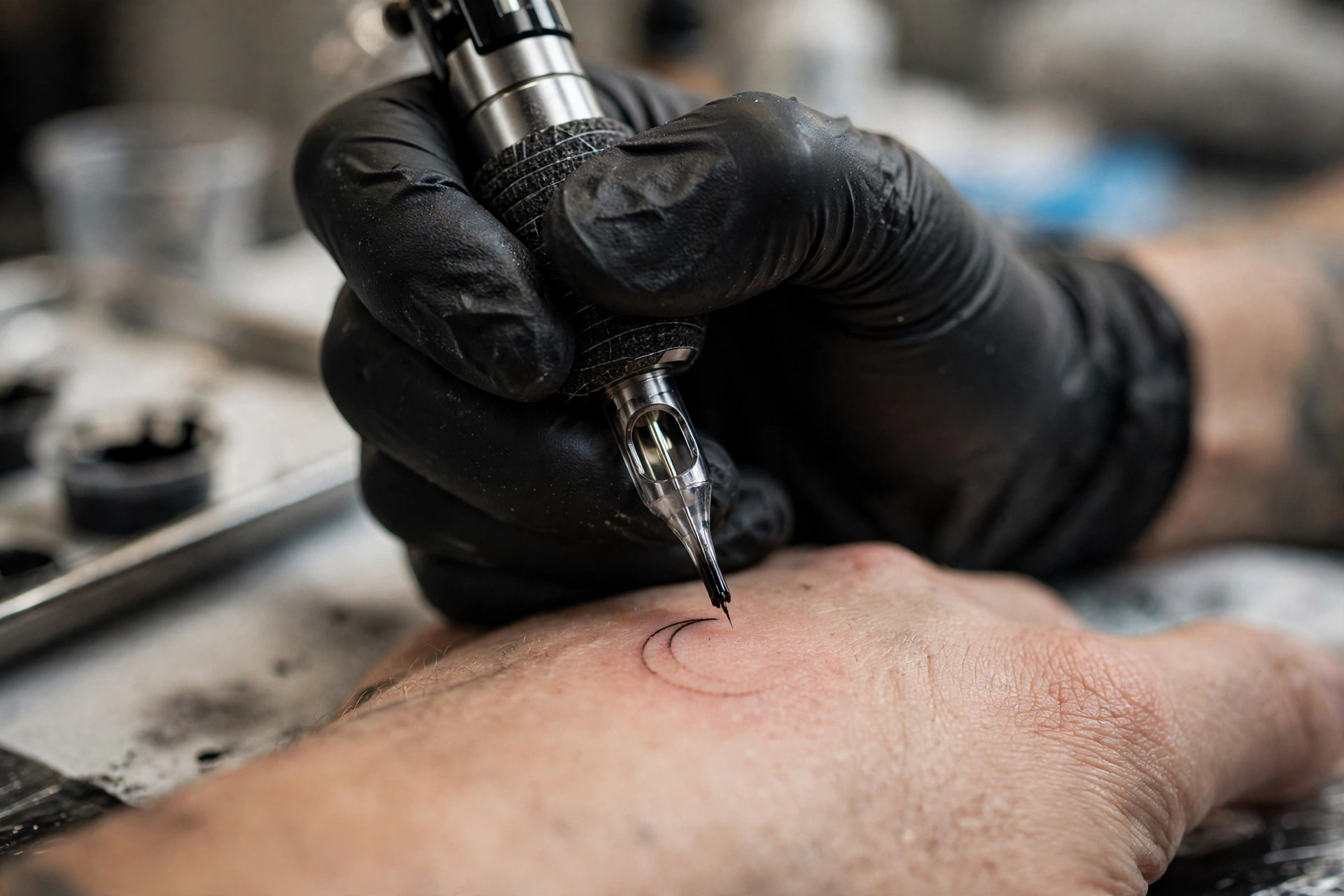 Extreme close-up of a tattoo artist's gloved hand creating a delicate fine-line crescent moon tattoo with a single needle in a professional studio, shallow depth of field