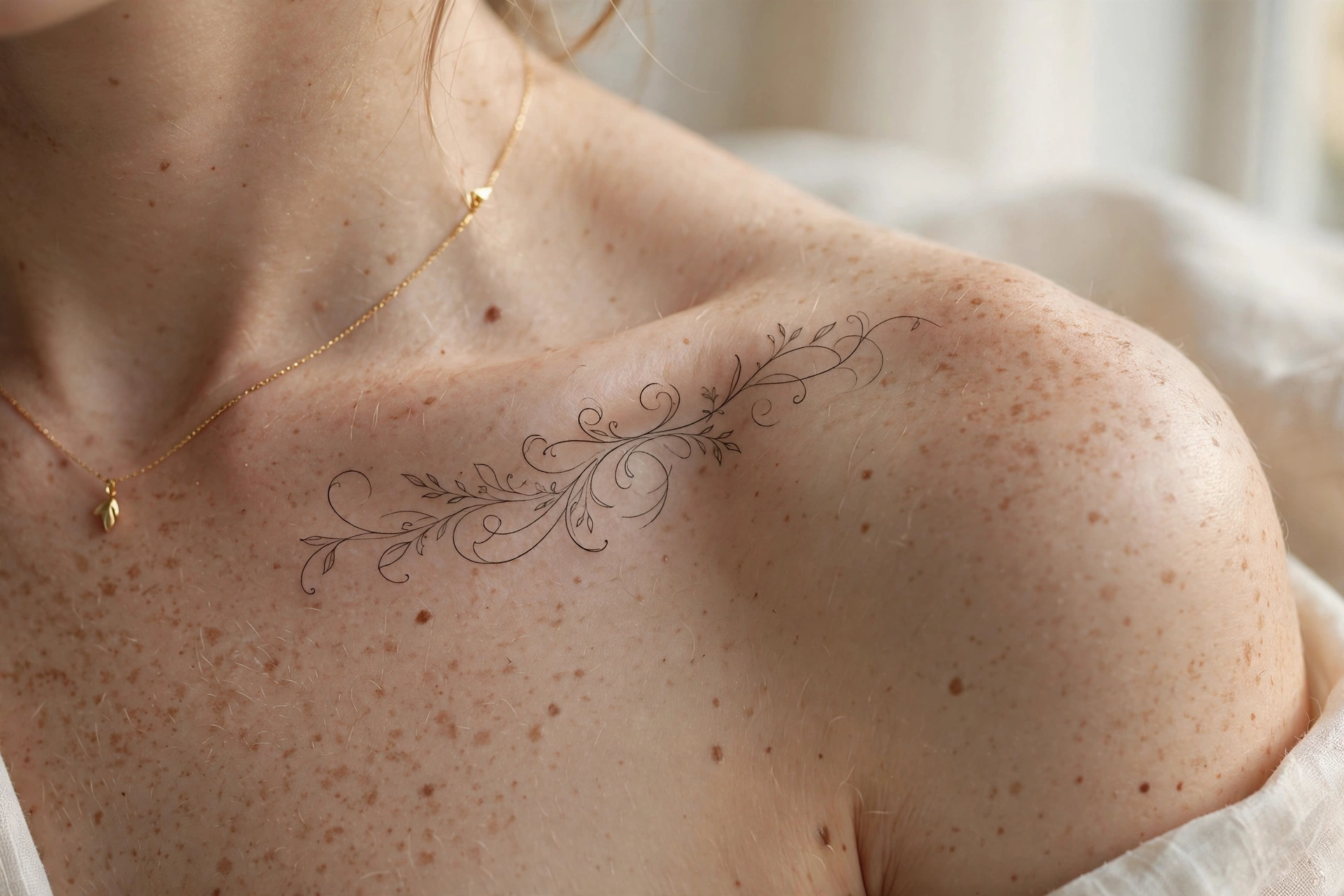 Woman's collarbone with an elegant fine-line script tattoo and a delicate gold necklace, in soft daylight