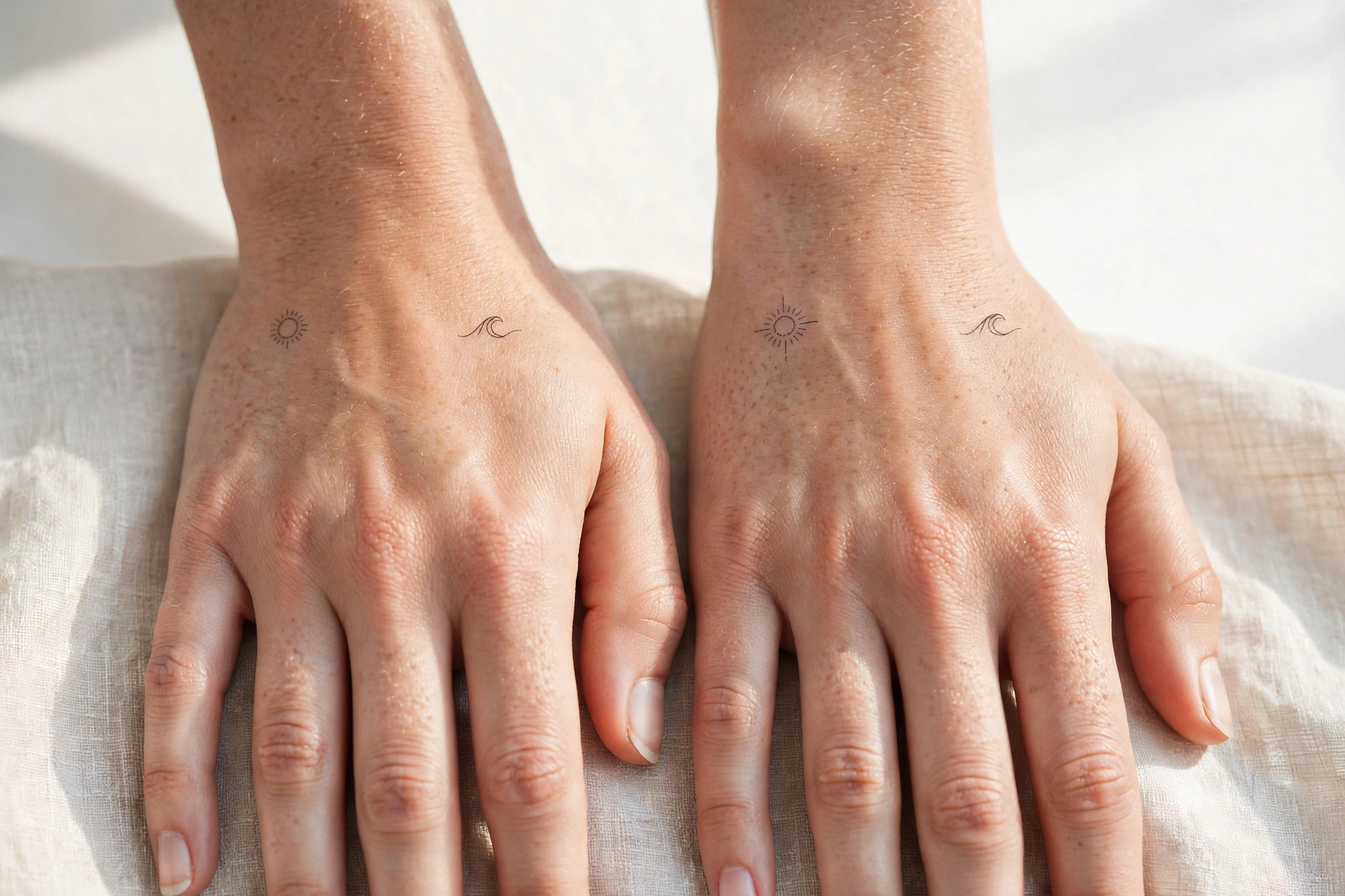 Two hands side by side showing matching minimalist fine-line tattoos, a tiny sun and a small wave, against a bright airy background