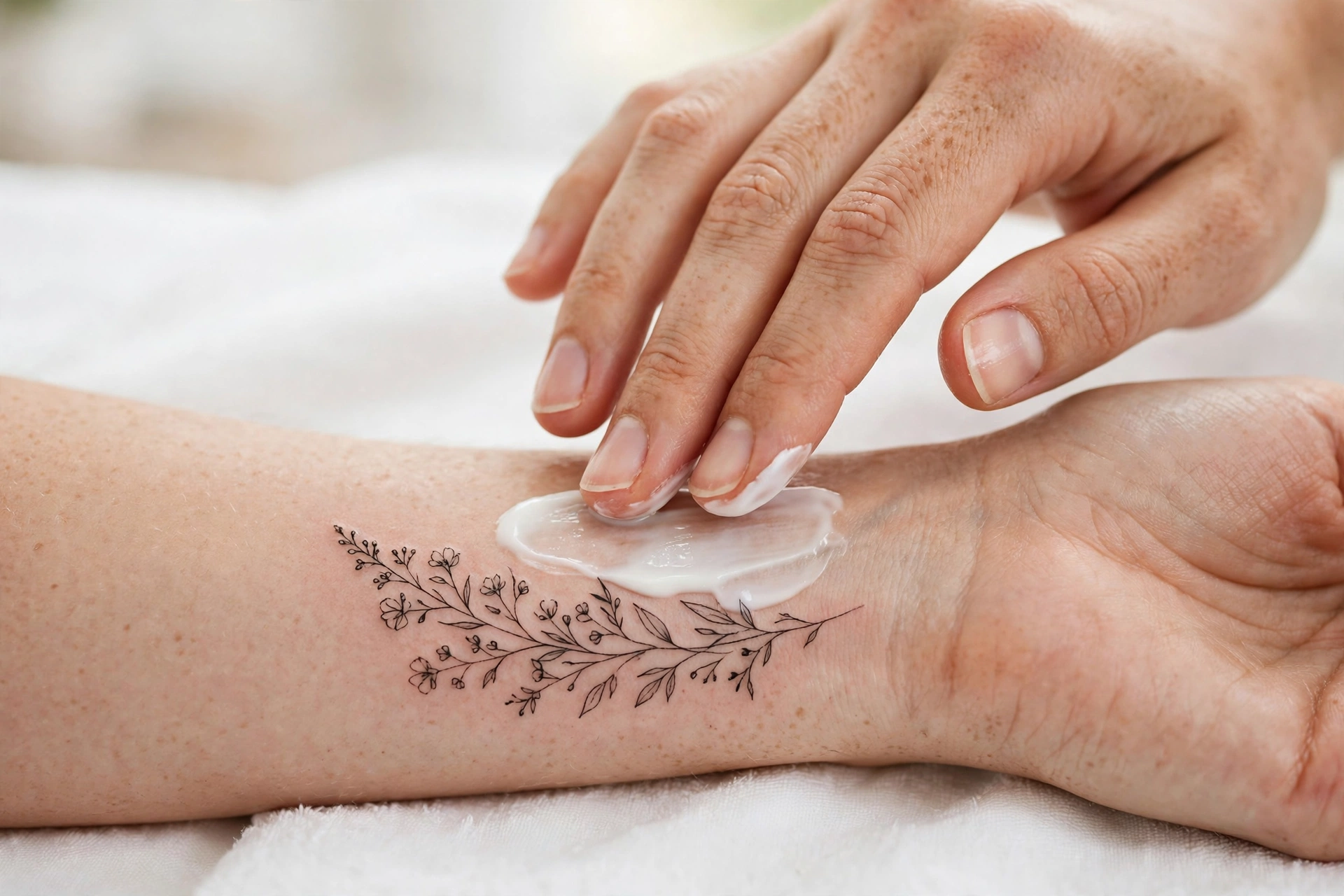 Gentle moisturizer being applied to a fresh fine-line wrist tattoo during aftercare