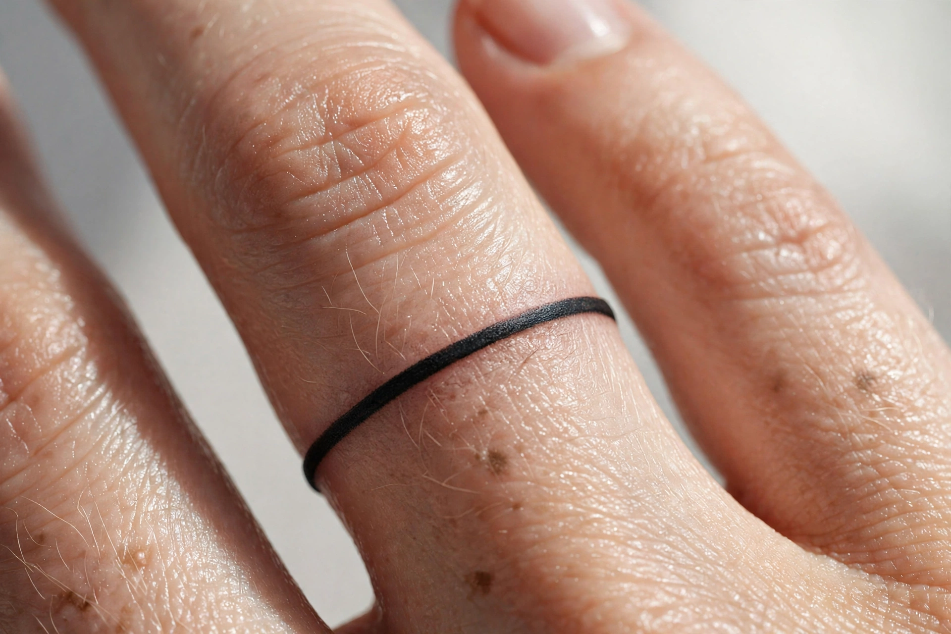 Macro close-up of a ring finger band tattoo