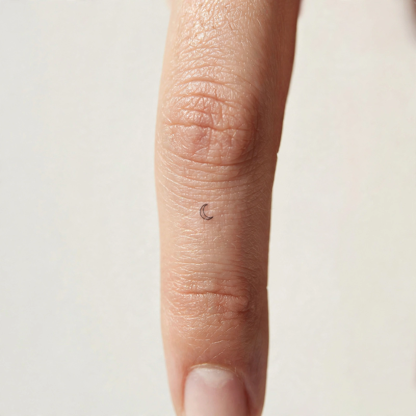 Tiny crescent moon minimalist tattoo on side of finger