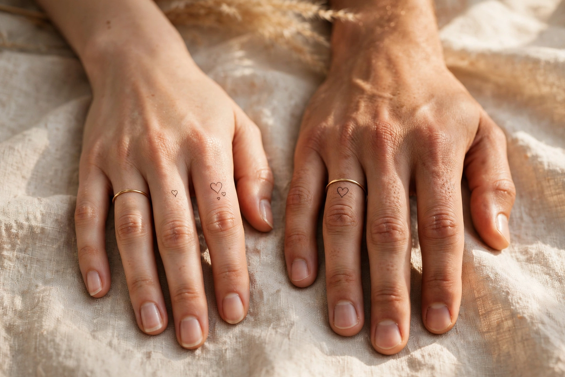 Two hands with matching tiny heart couple finger tattoos