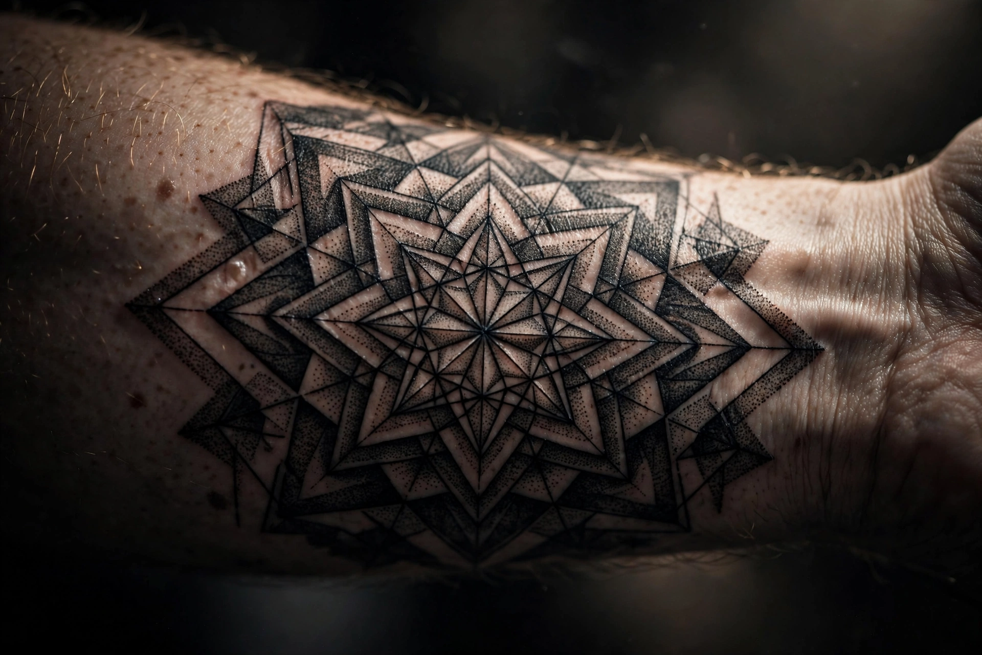 Geometric blackwork forearm tattoo close-up