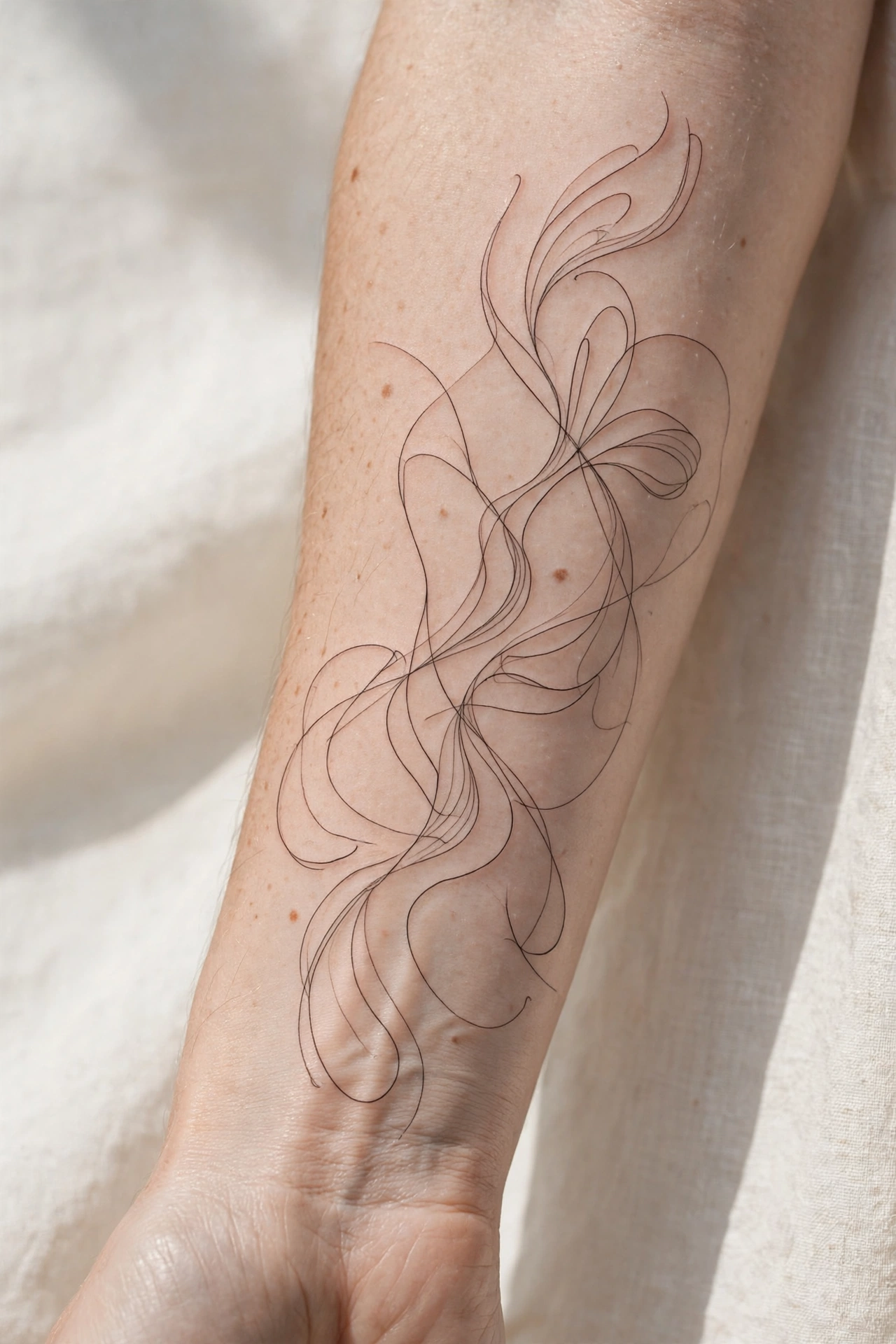 Delicate fine-line abstract tattoo on inner forearm