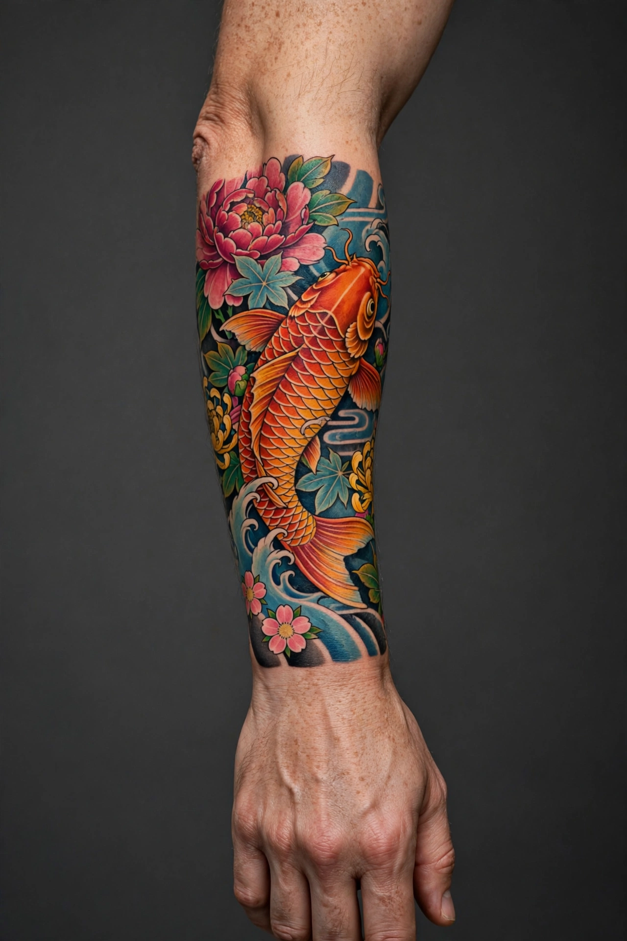 Colorful koi and peony forearm half-sleeve tattoo