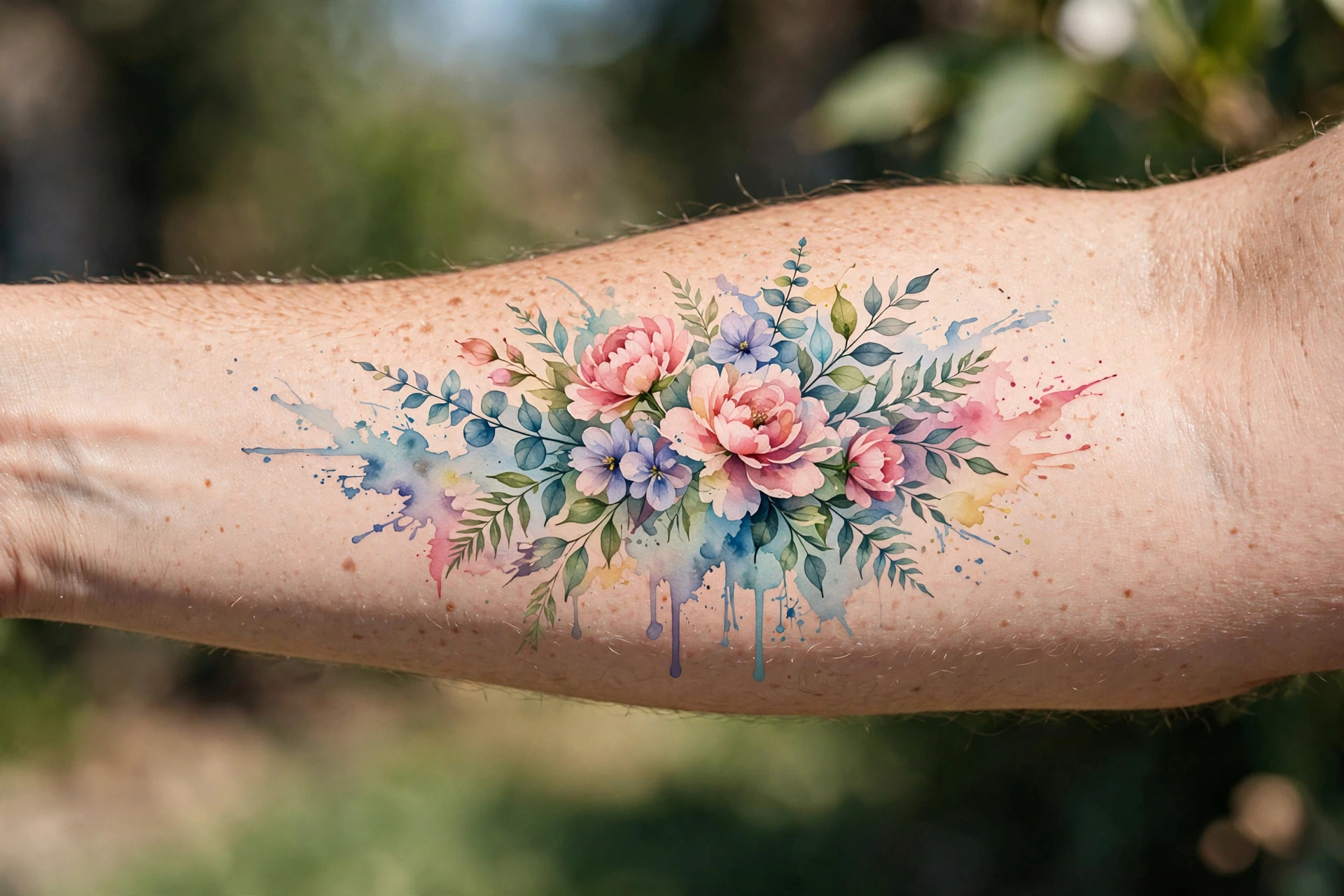 Watercolor style forearm tattoo in daylight
