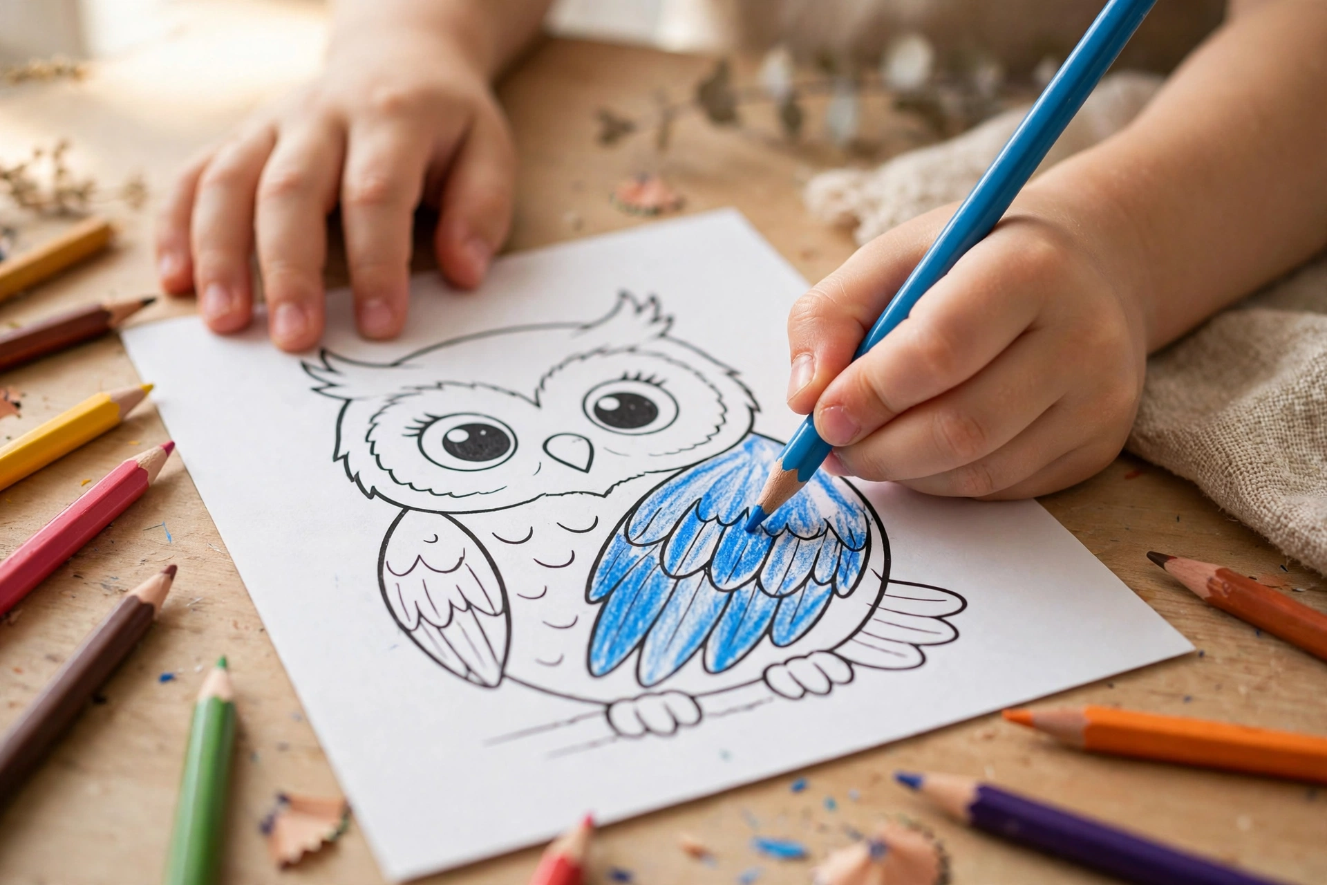 A child's hands coloring a bird coloring page with colored pencils