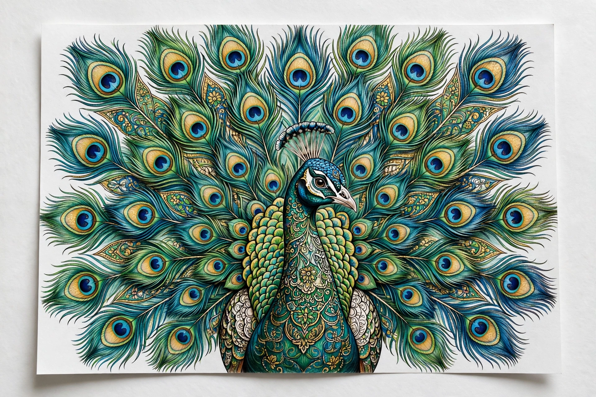 Finished peacock bird coloring page artwork with intricate feather detail