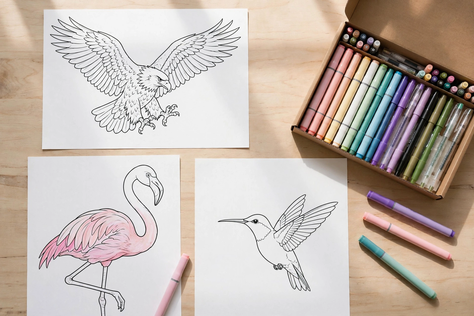 Printed bird coloring pages with markers arranged on a desk