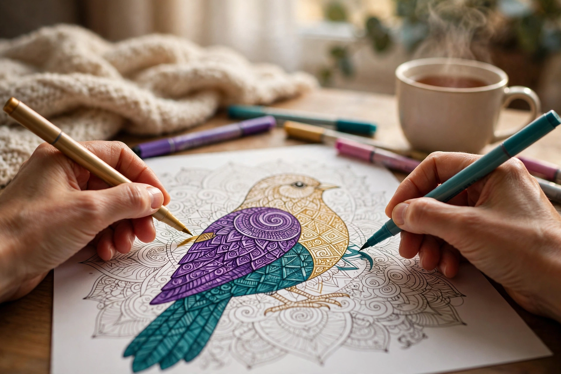 Adult hands coloring an intricate mandala bird page in a cozy setting