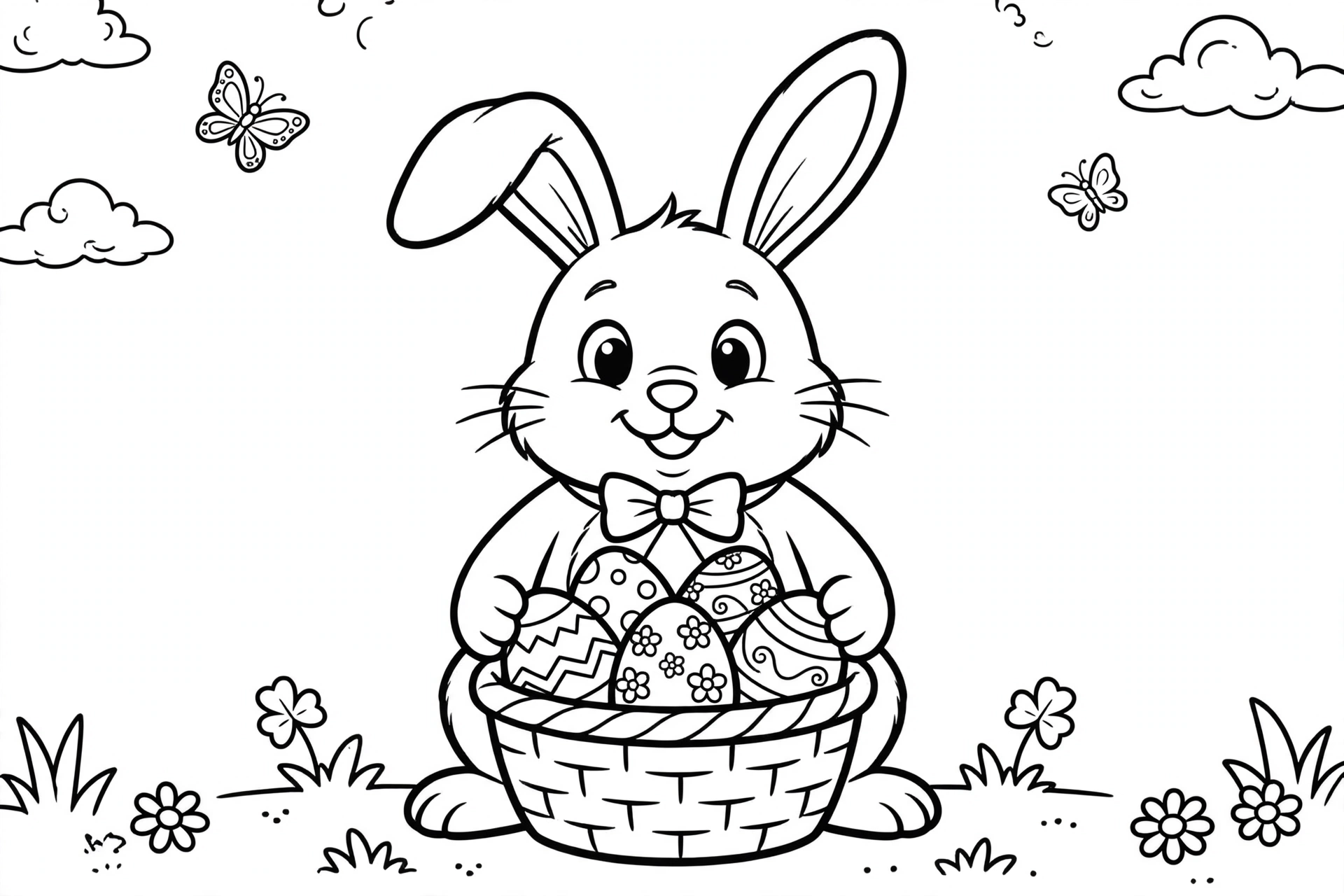Easter bunny coloring page with a basket of decorated eggs
