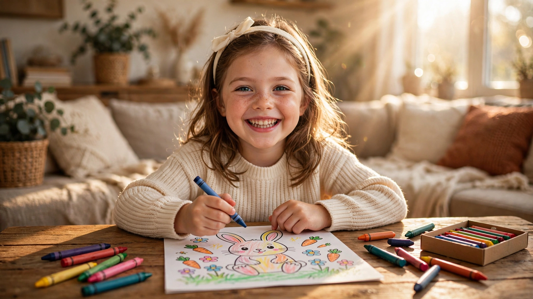 Little girl happily coloring a bunny page with crayons at a sunny table