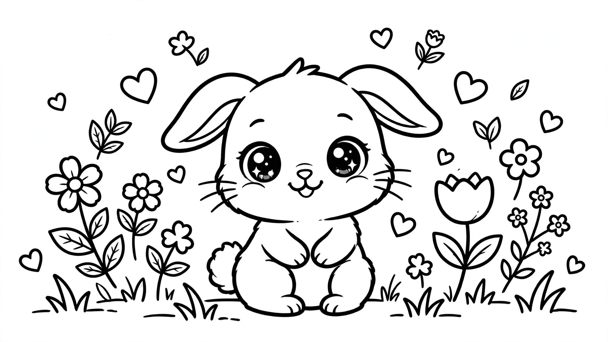 Kawaii baby bunny coloring page line art with flowers and hearts