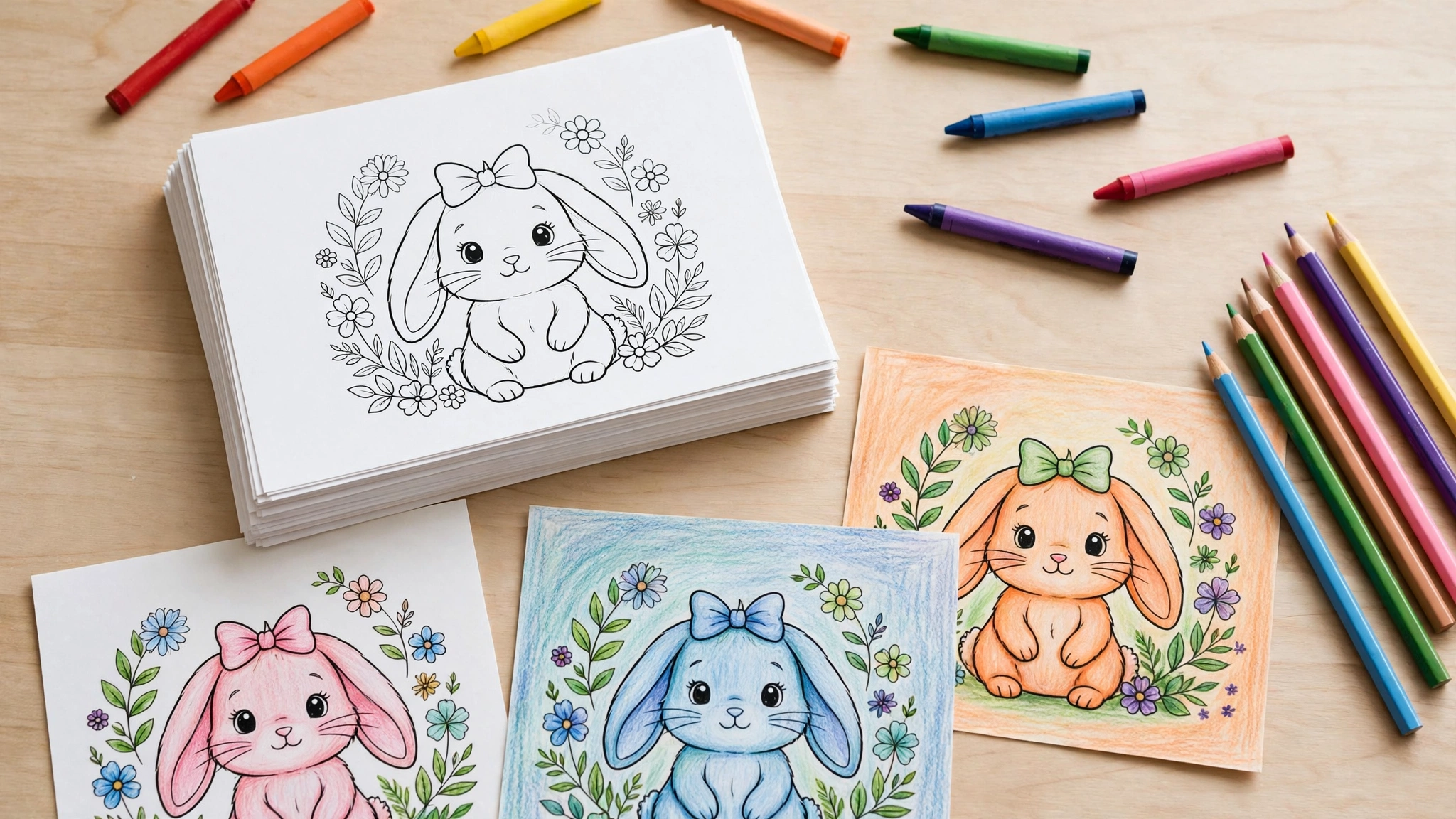 Stack of printed bunny coloring pages with crayons in a flat lay