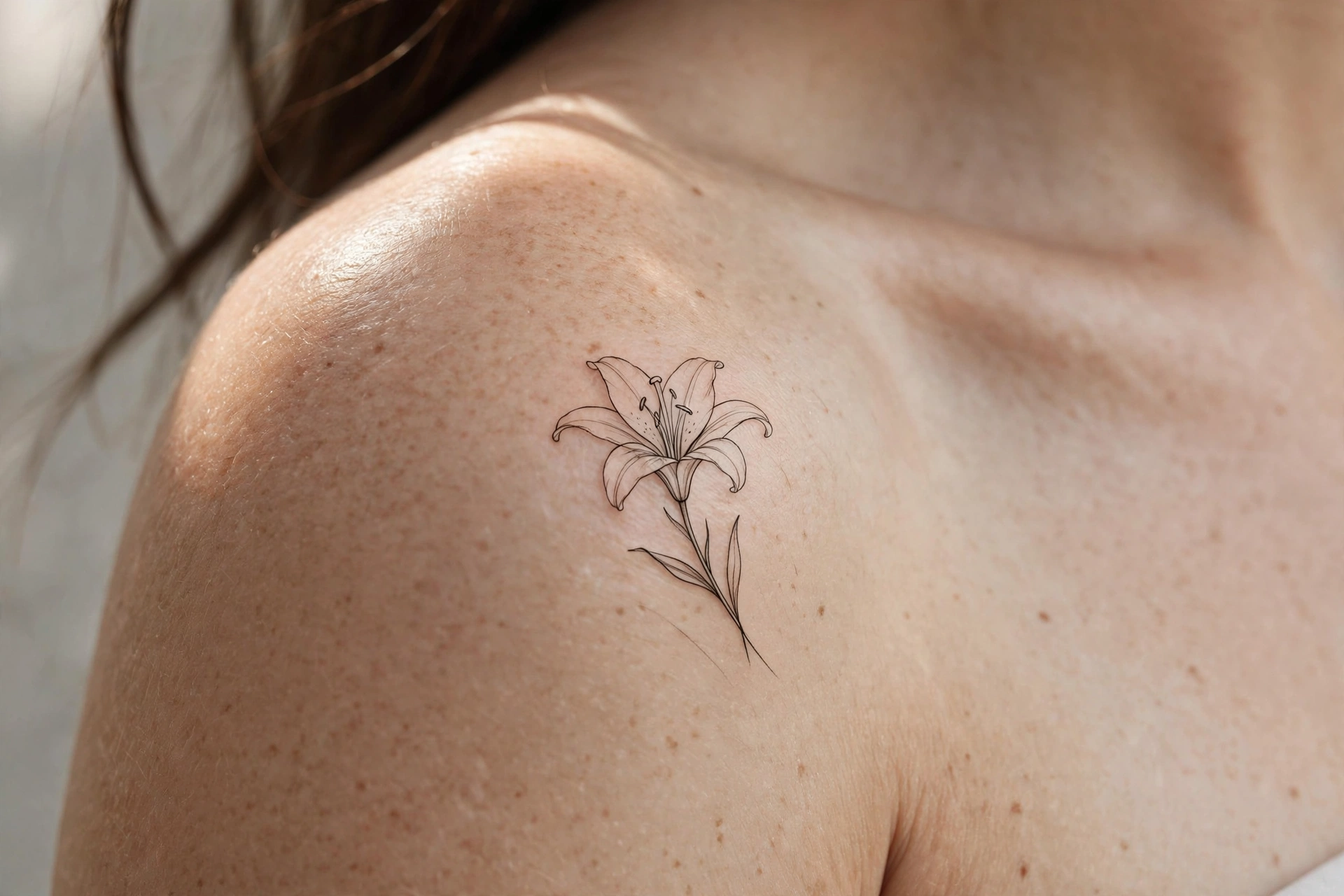 Fine-line white lily tattoo on a woman's shoulder