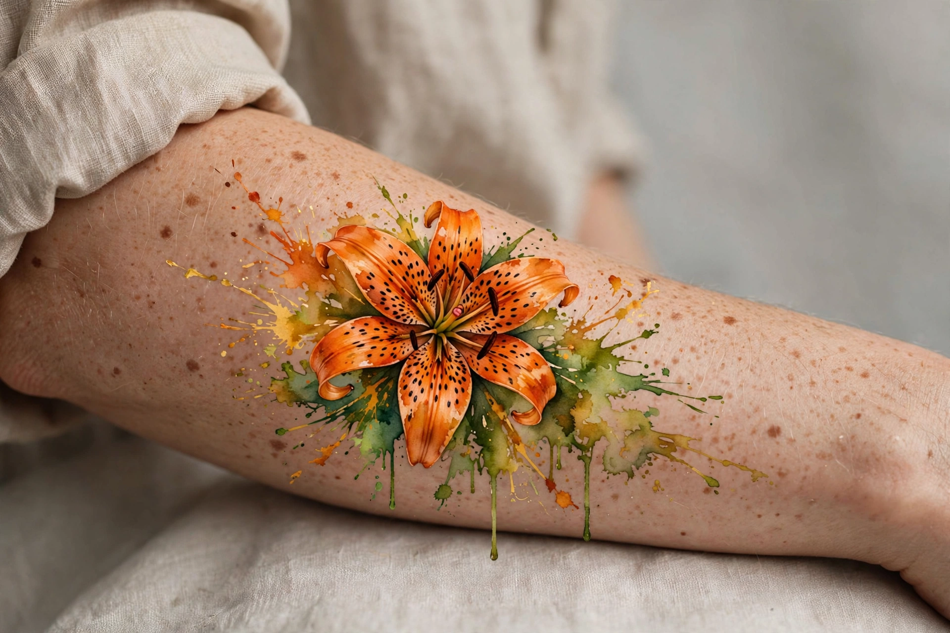 Watercolor tiger lily tattoo on a woman's forearm