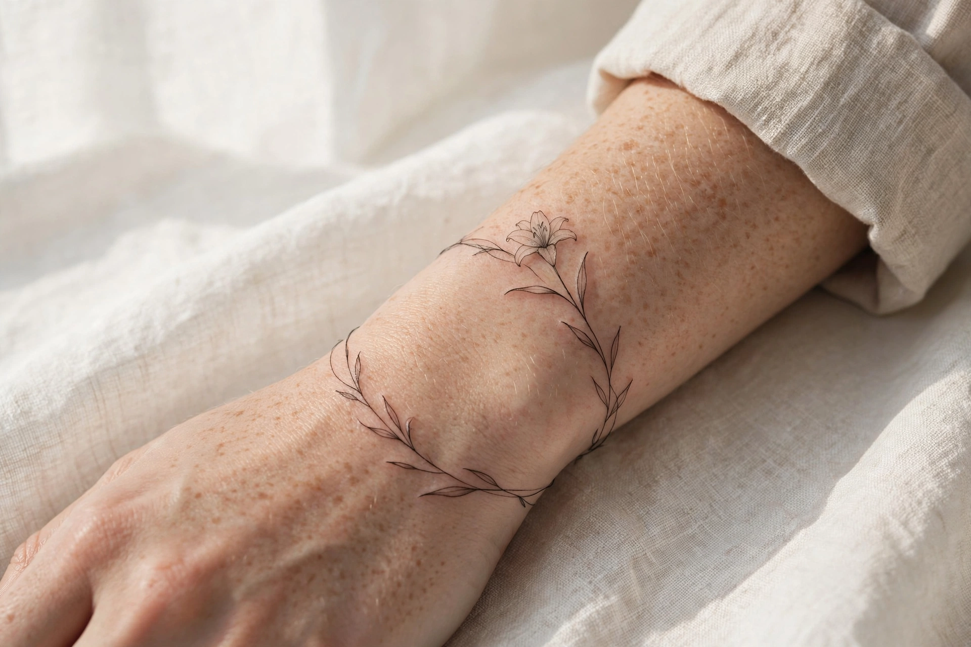Minimalist fine-line lily wrist tattoo