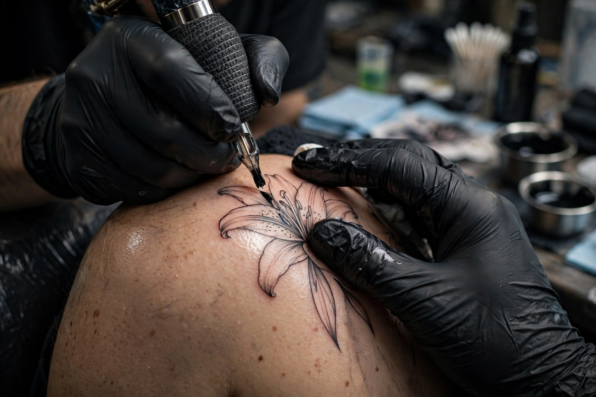 Tattoo artist inking delicate lily petal details