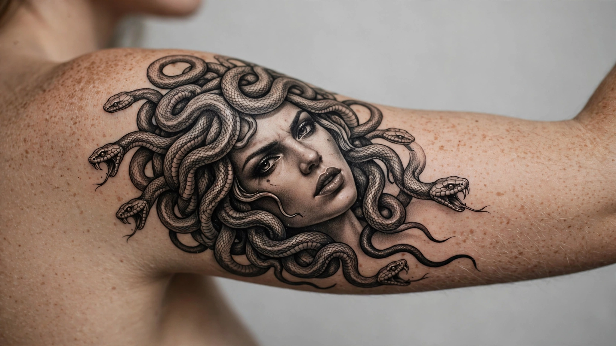 Editorial-style Medusa tattoo with detailed snake hair on a woman's upper arm