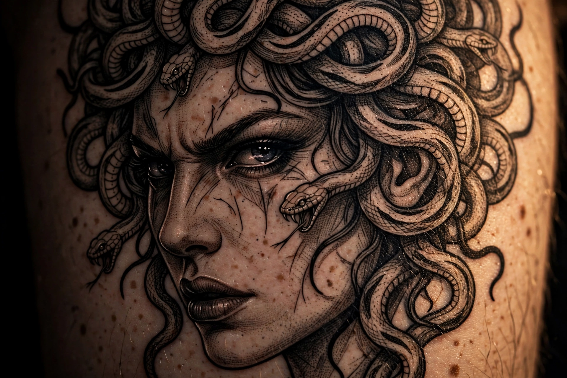 Close-up of a Medusa tattoo design showing a fierce feminine face and serpent hair
