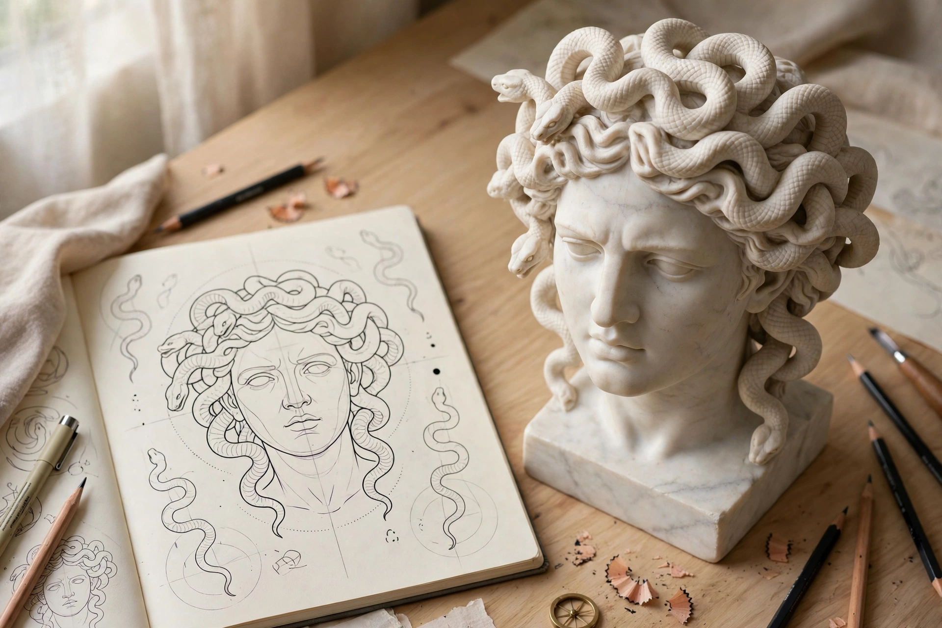 Greek marble statue style Medusa artwork used as a tattoo stencil reference