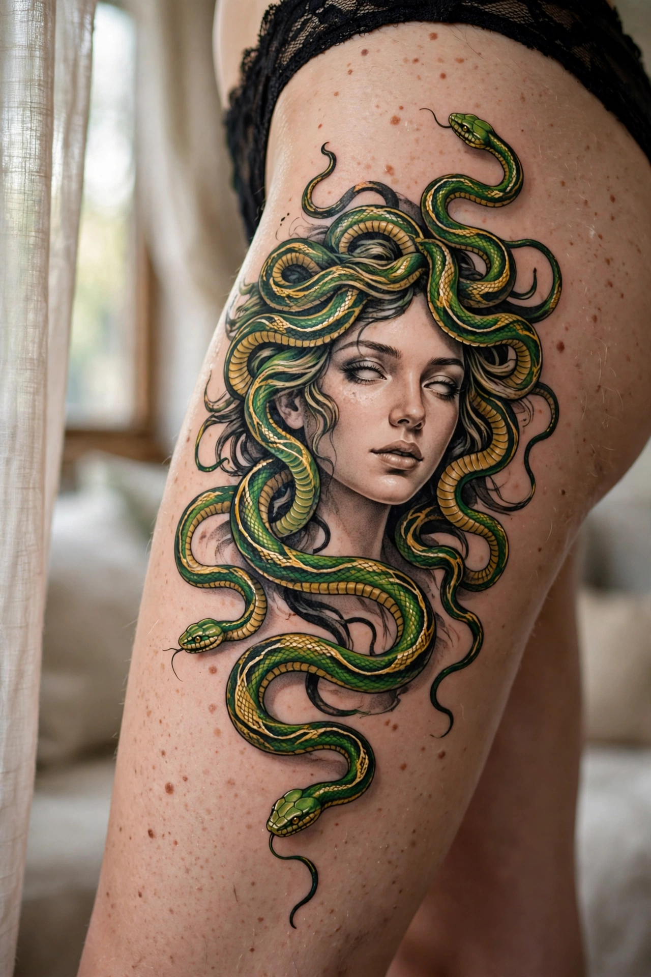 Elegant full-color Medusa tattoo with green and gold snakes on a woman's thigh