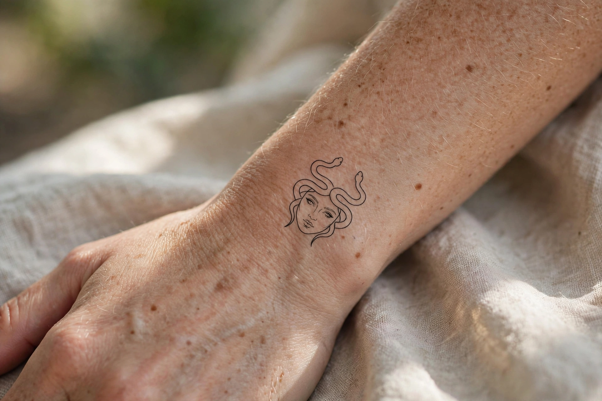 Small minimalist fine-line Medusa tattoo on a woman's wrist