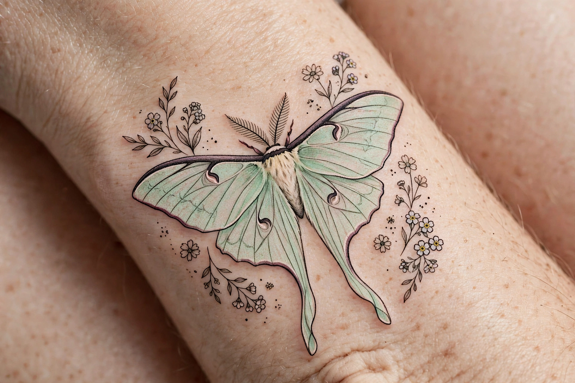 Delicate fine-line luna moth wrist tattoo close-up