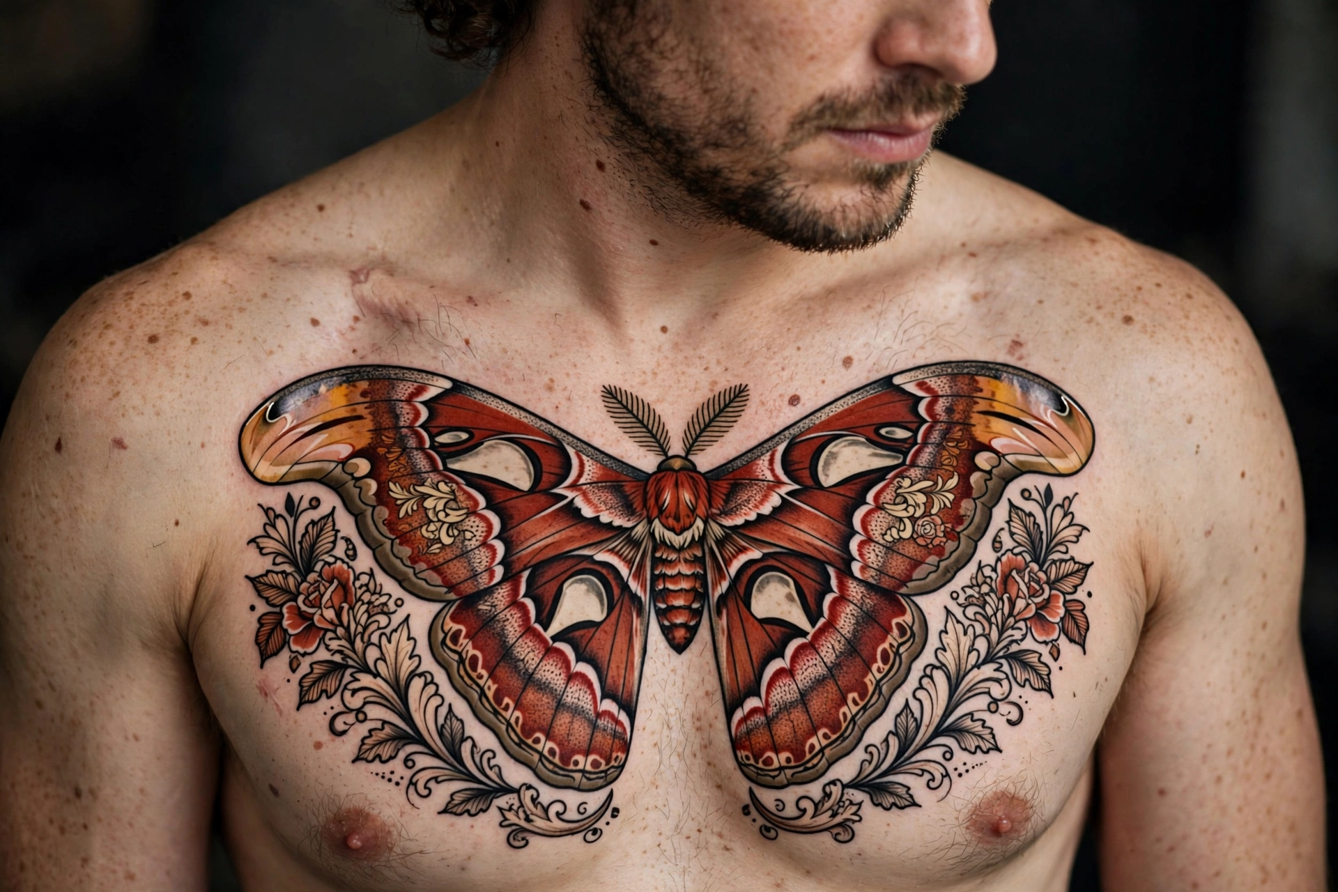 Neo-traditional atlas moth chest tattoo with bold colors