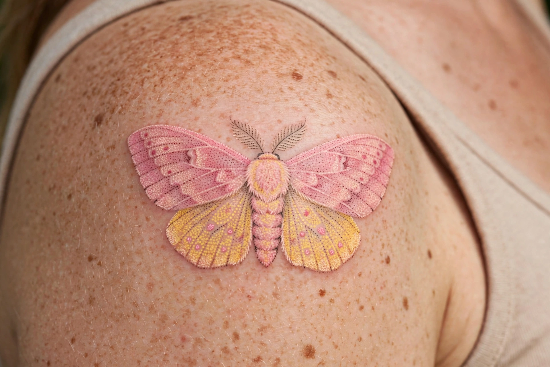 Dotwork rosy maple moth shoulder tattoo in soft pink tones