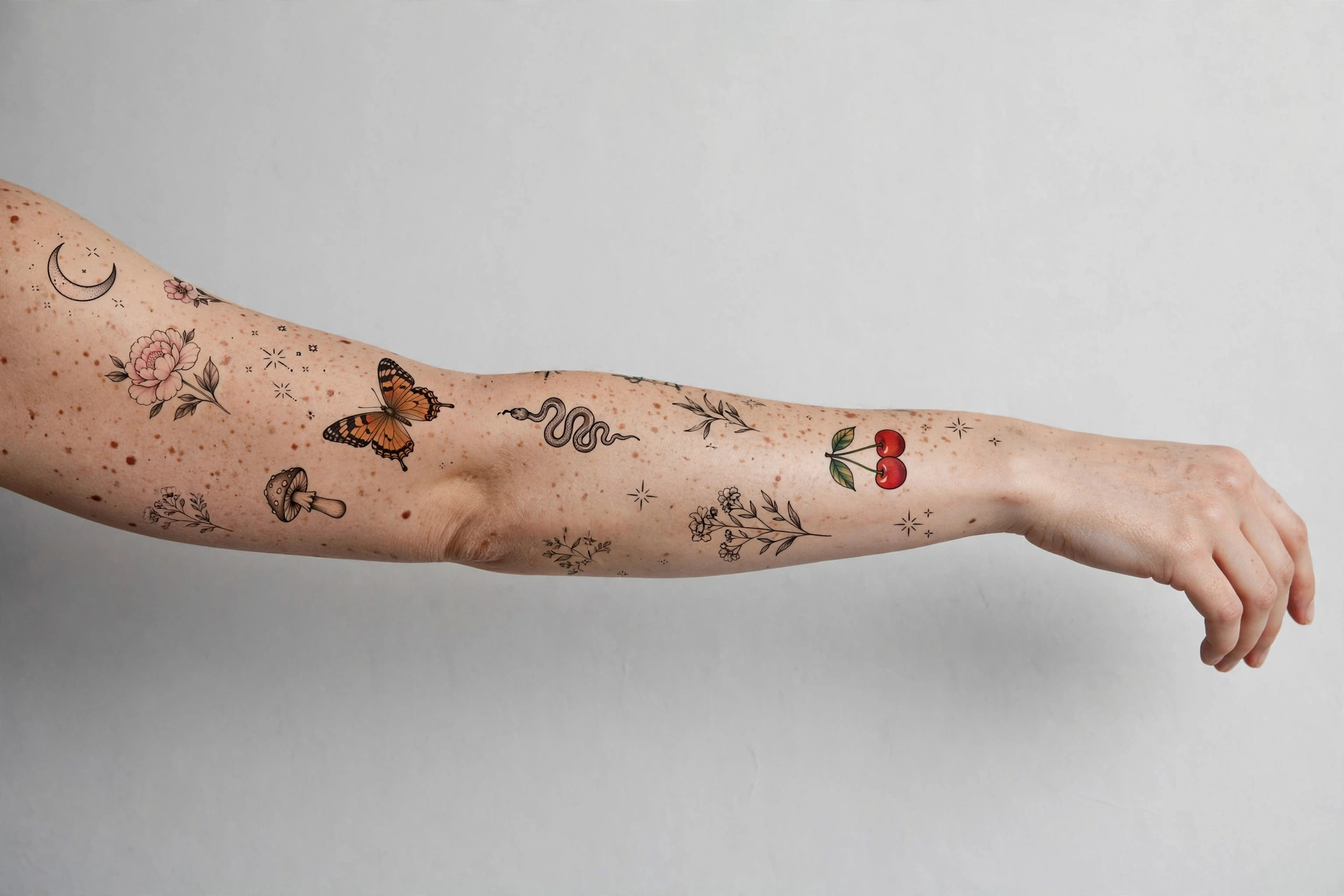 Arm covered in a patchwork tattoo sleeve of assorted small tattoos — flowers, butterflies, stars and a snake