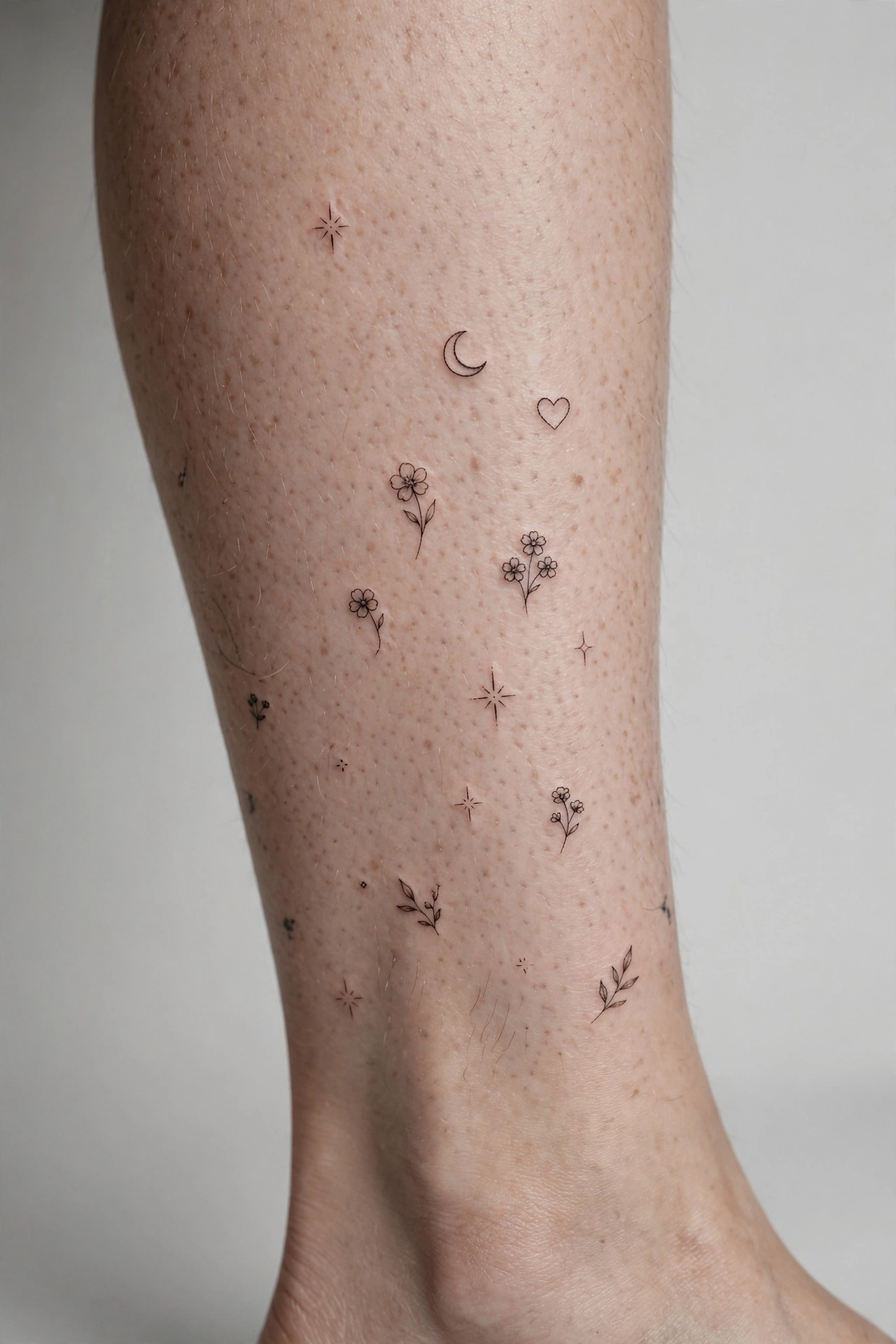 Fine-line patchwork tattoo flash designs on a leg — tiny stars, moons, hearts and script