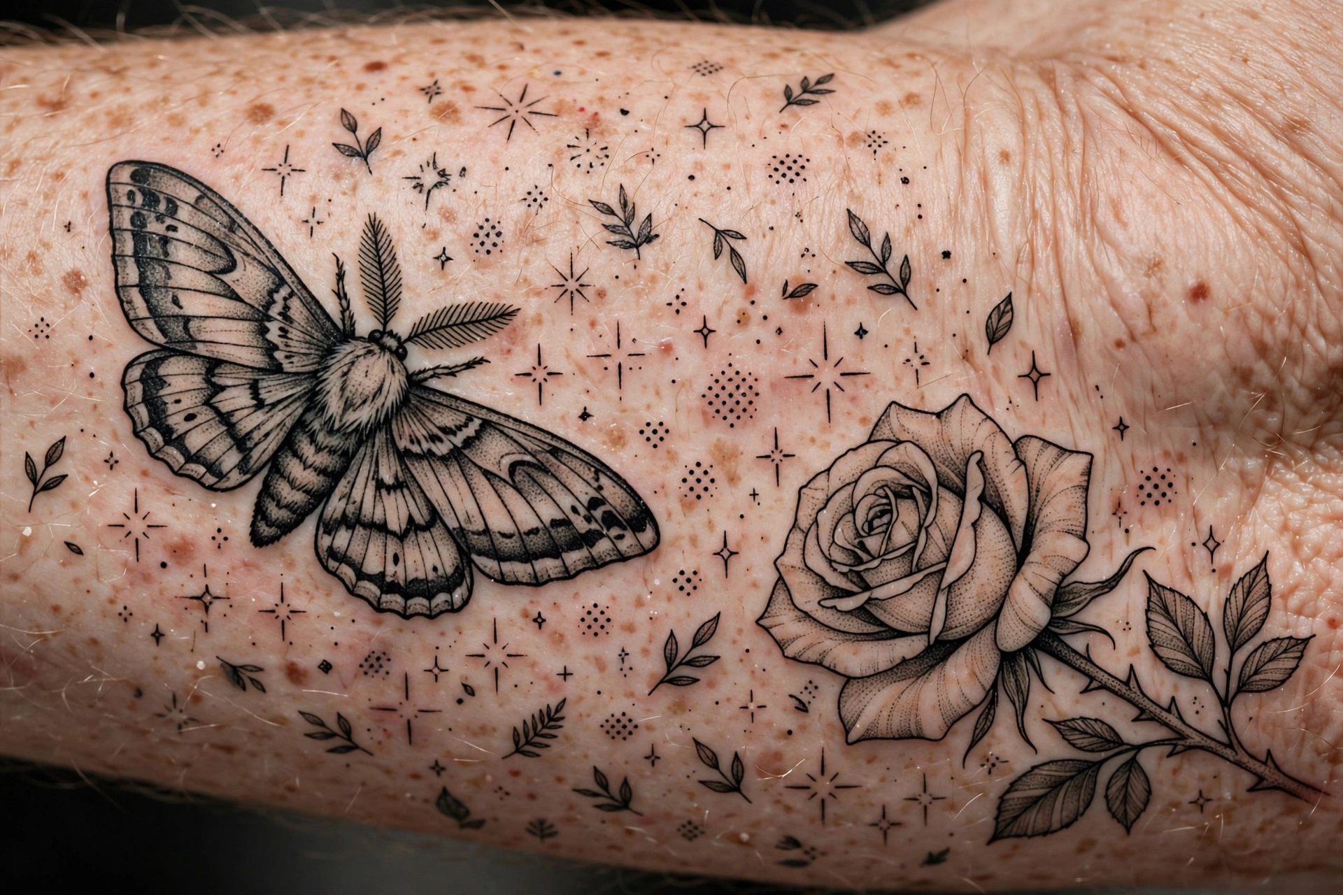Close-up of patchwork tattoo gap fillers — small stars and leaves between larger moth and rose tattoos