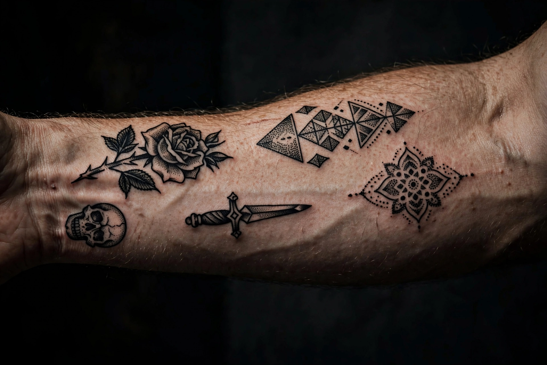 Bold blackwork patchwork tattoos on a forearm — skull, dagger, rose, geometric and mandala designs