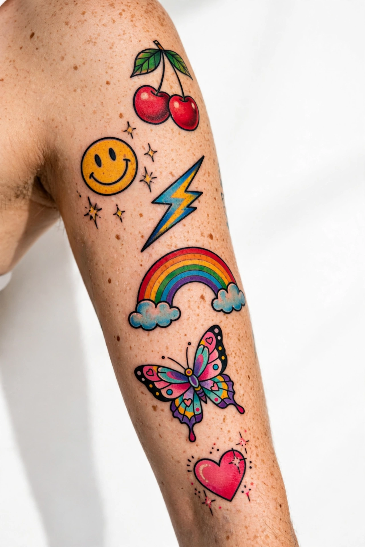 Colorful sticker-style patchwork tattoos on an arm — cherries, smiley face, lightning bolt, rainbow and butterfly