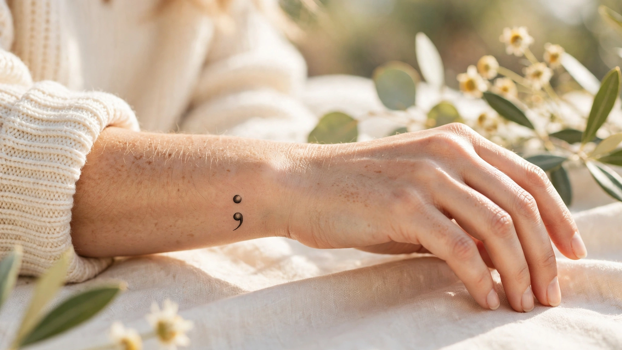 Elegant semicolon tattoo on a woman's wrist, close-up editorial photo
